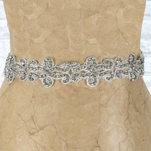 KM2 Crystal Rhinstone Sash Belt Headband Silver Ribbon Tie Bridal Prom Wedding